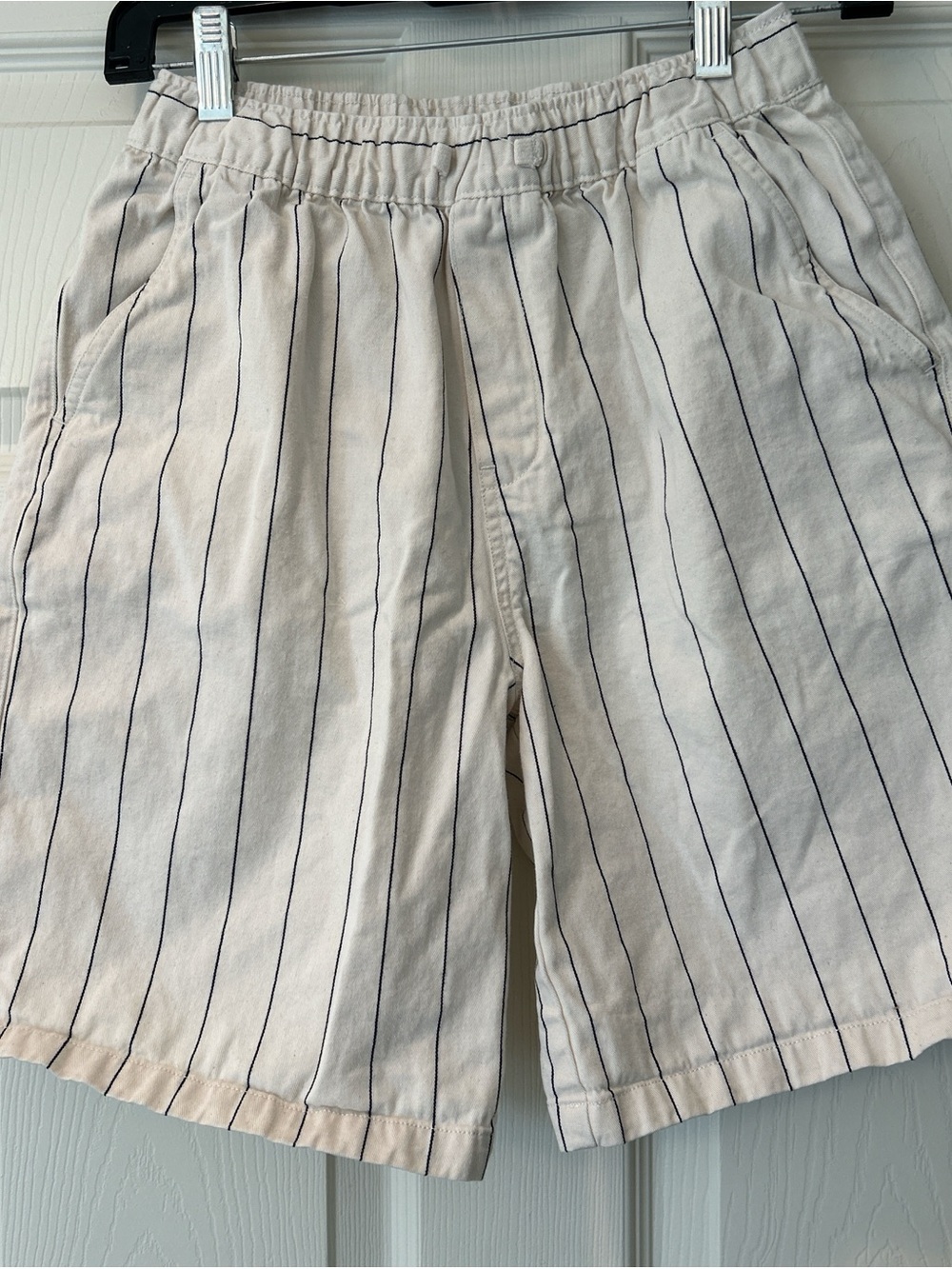 Zara Cream Shorts with Navy Pinstripes